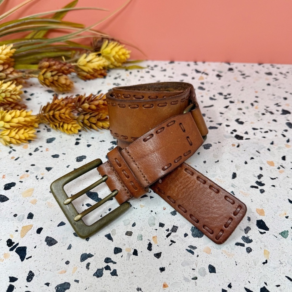 Fossil Vintage Brown Genuine Leather Brass Heritage Style 90s Y2K Belt Sz L